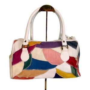 Vintage Satchel Shoulder Bag Women Patchwork Genuine Leather Handbag White Beige
